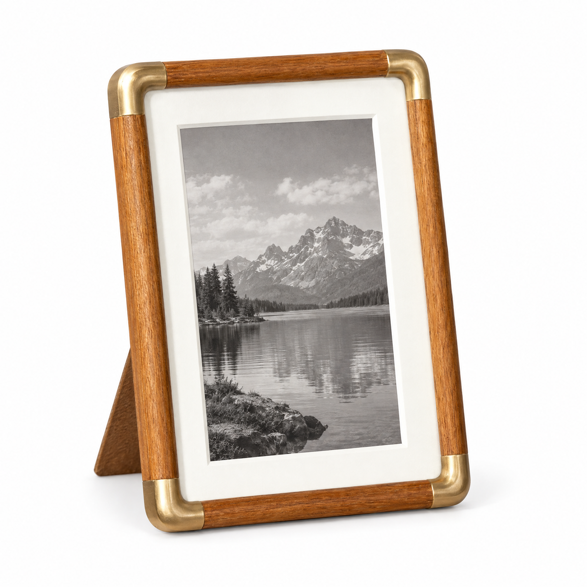Cornice wood and brass photo frame in teak on a white background