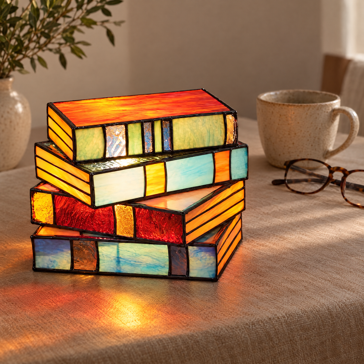 Close-up of the coloured glass panels on the Libro lamp