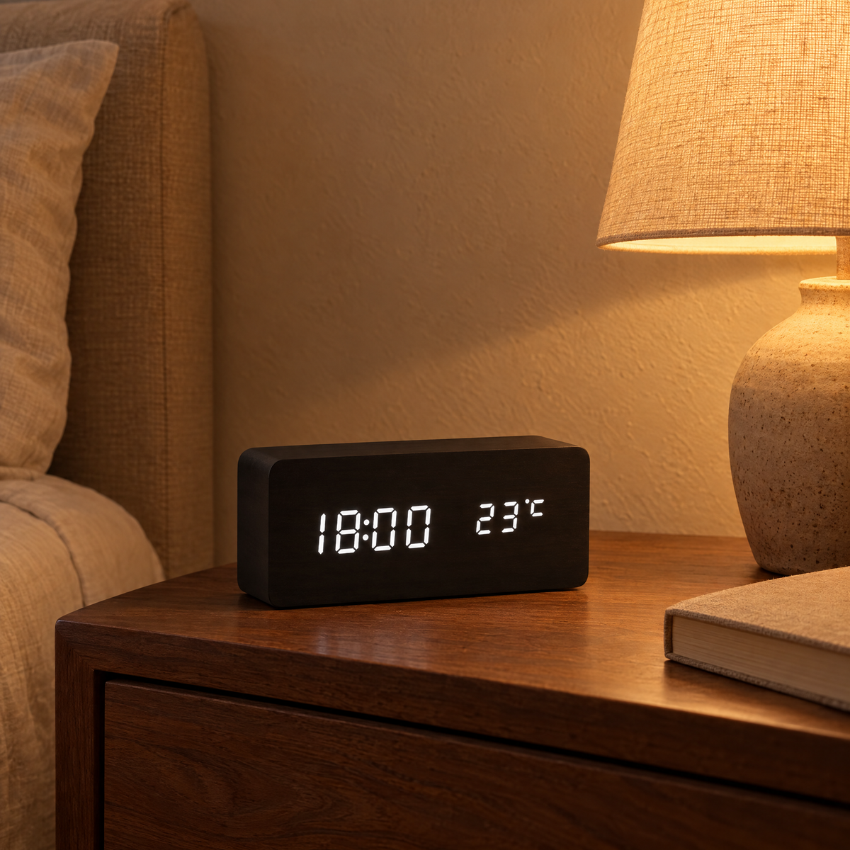 Black Sveglia clock on a walnut nightstand in the evening