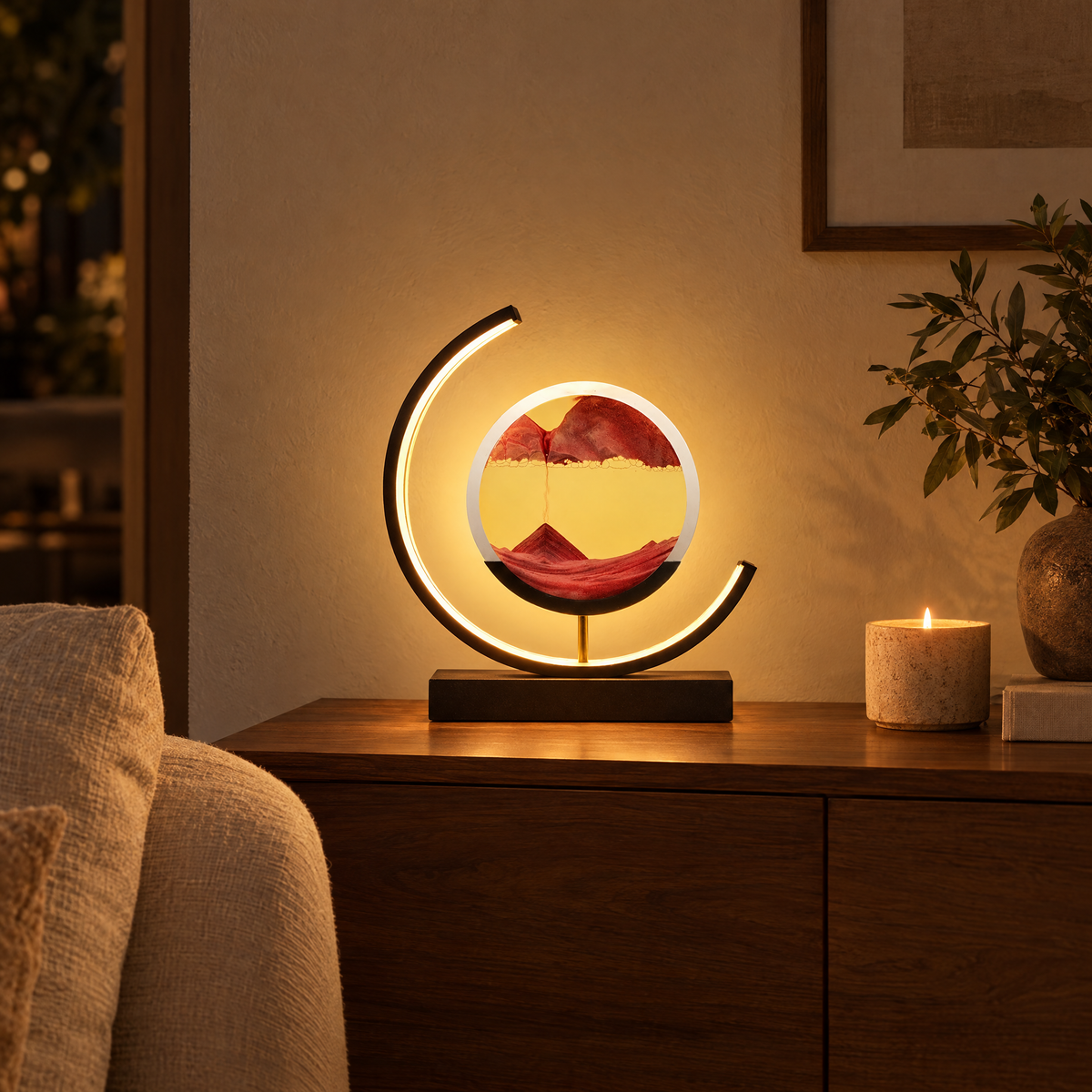 Duna sand lamp with red sand glowing in a living room in the evening