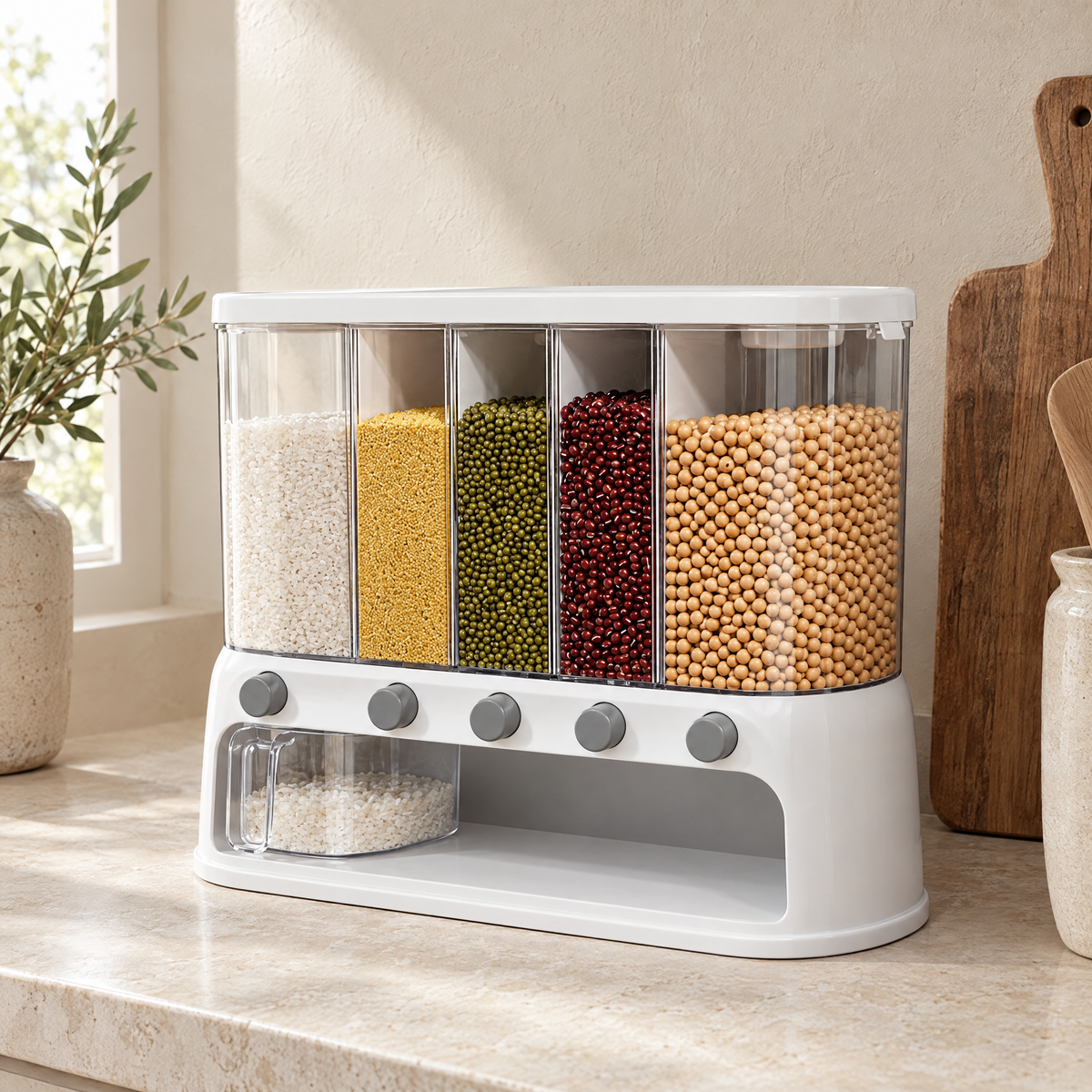 Side view of the Dispensa dispenser on a kitchen counter