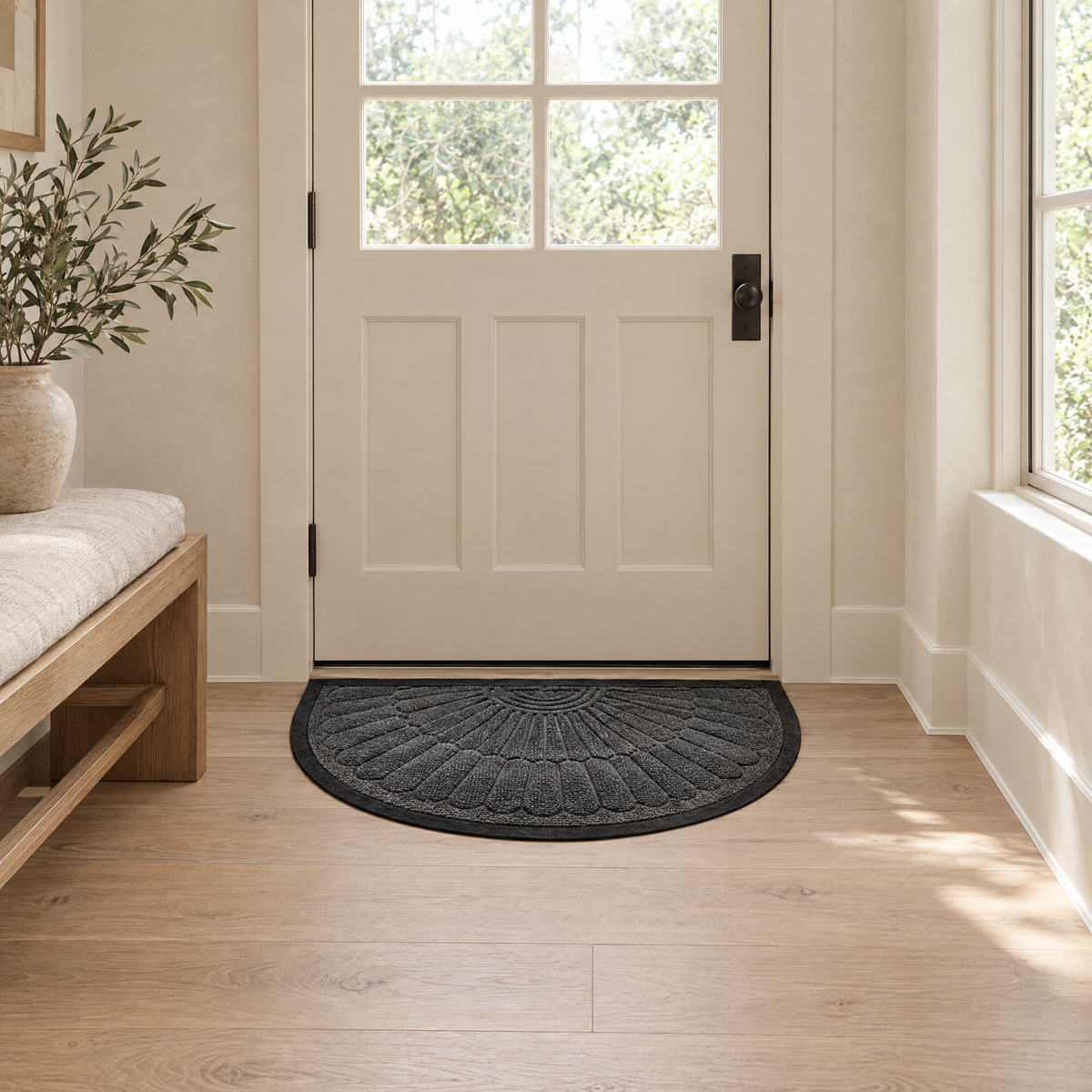 Charcoal Soglia door mat in a calm entry hall