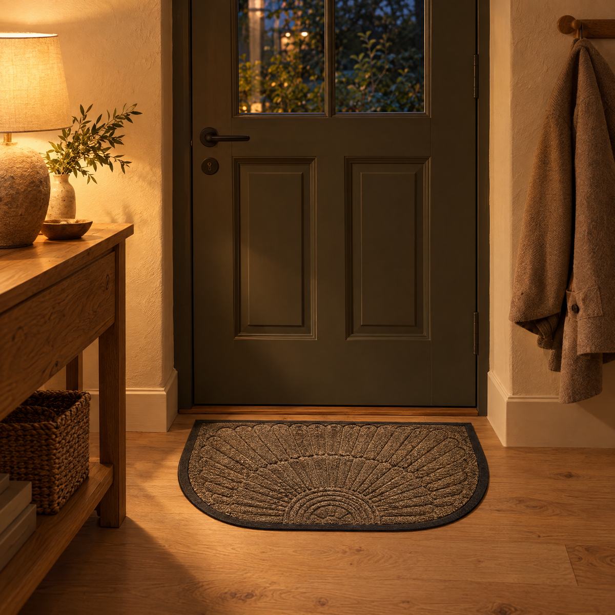 Taupe Soglia door mat in a lamp-lit entry in the evening