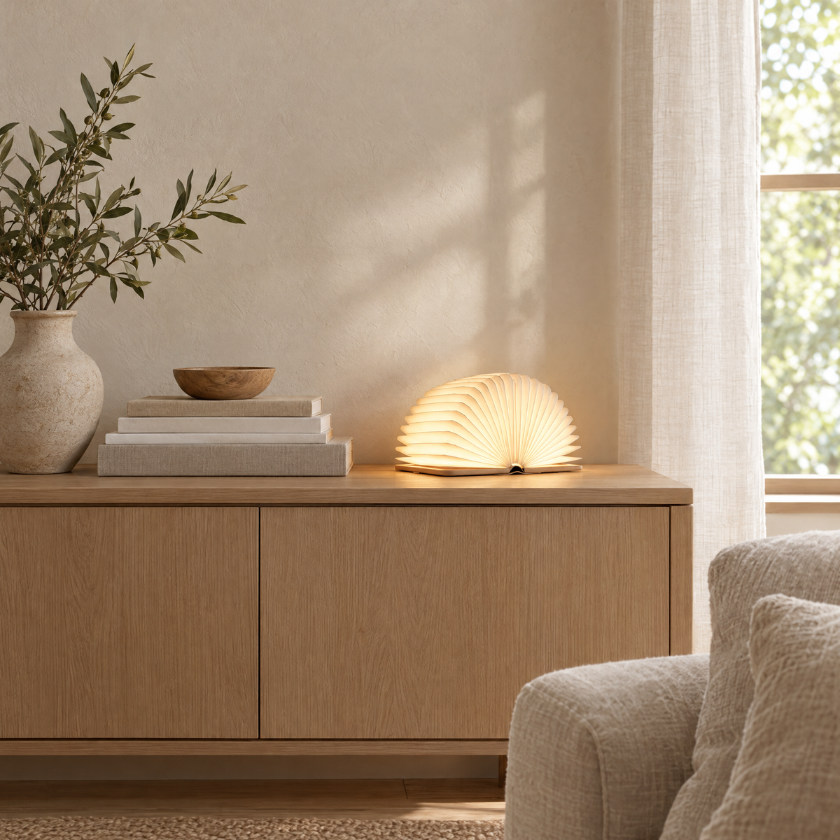 Natural wood Pagina lamp on an oak sideboard in a living room