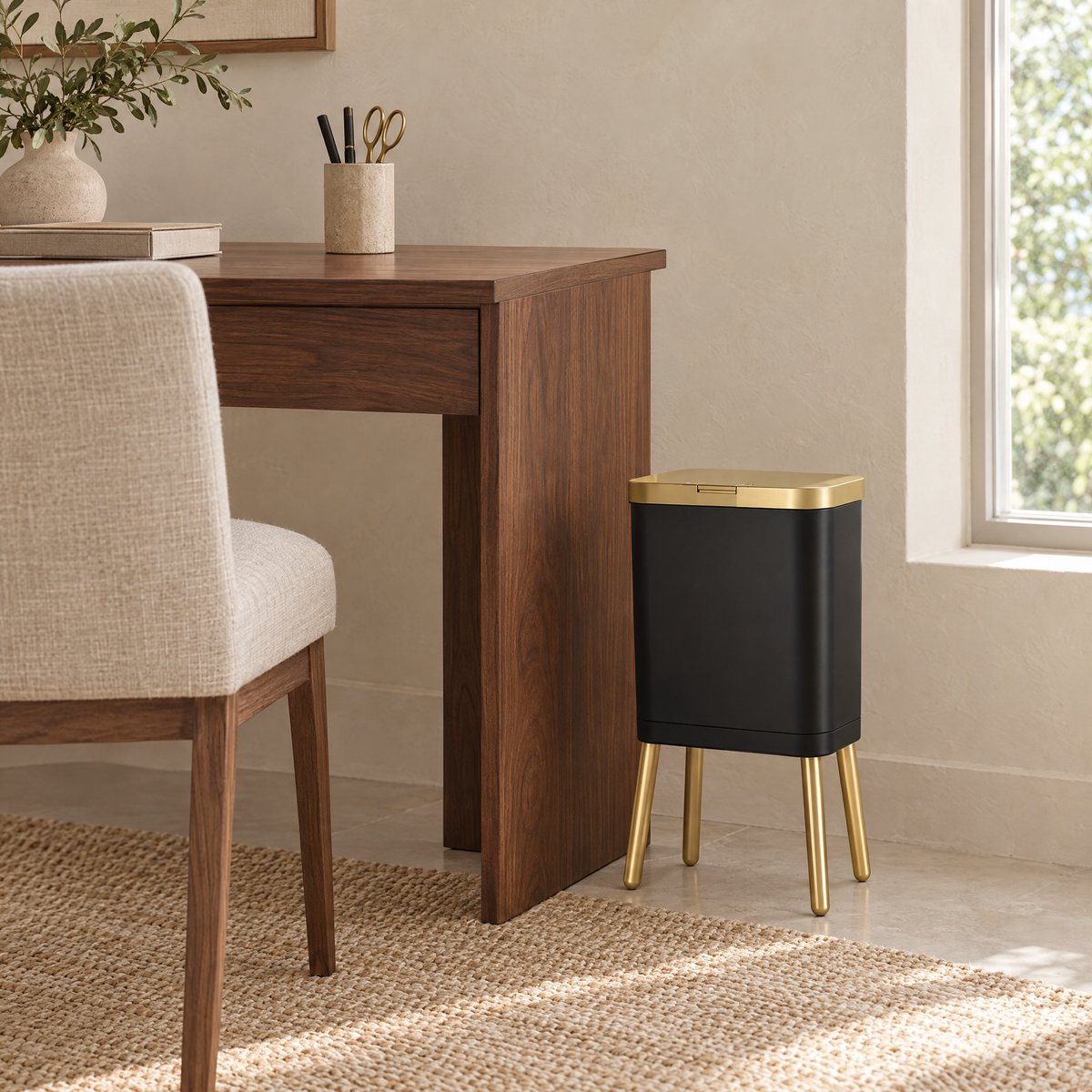 Black Alto bin beside a walnut desk