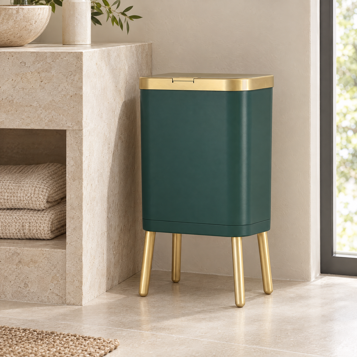 Green Alto bin beside a stone bathroom vanity