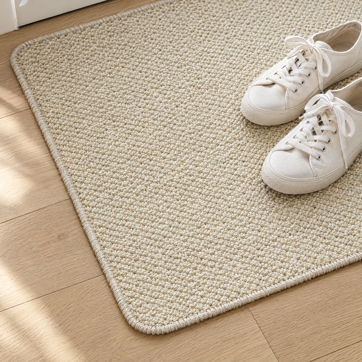Close-up of the woven texture on an ivory Canapa mat