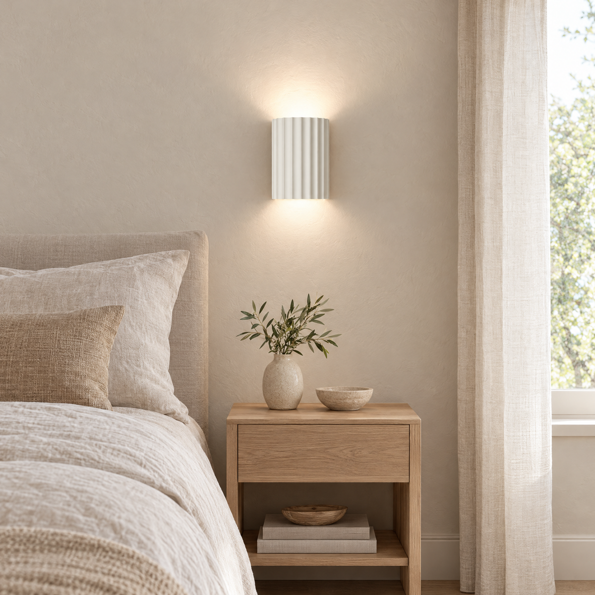 White Solco wall light above an oak nightstand in a calm bedroom