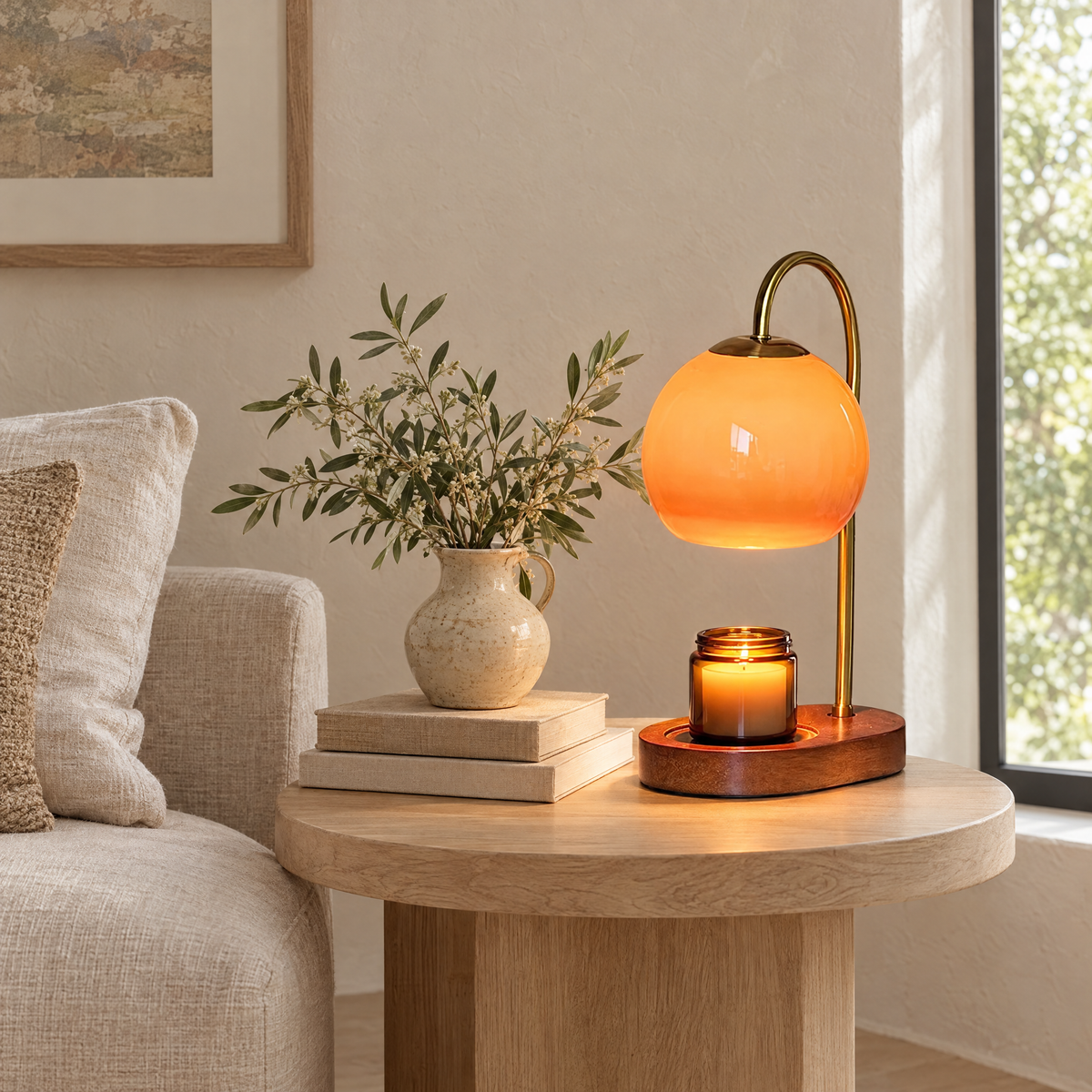 Cera candle warmer lamp on an oak side table in a living room