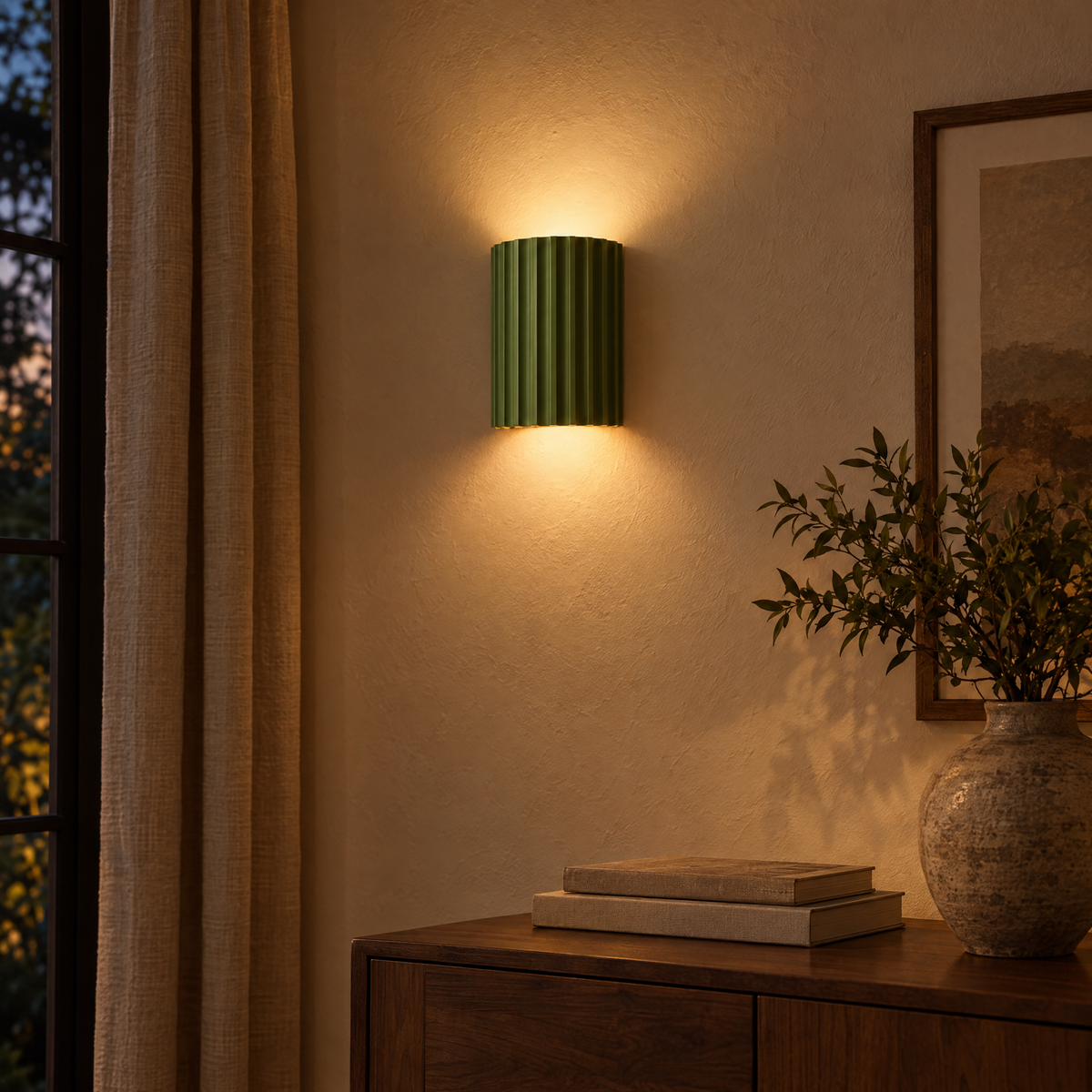 Sage Solco wall light glowing above a console in the evening