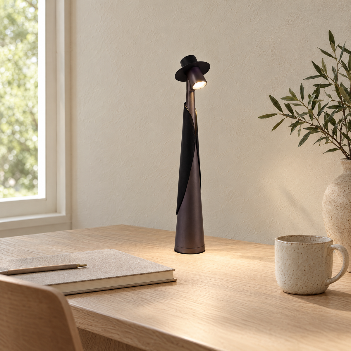 Charcoal Cappello lamp on an oak desk
