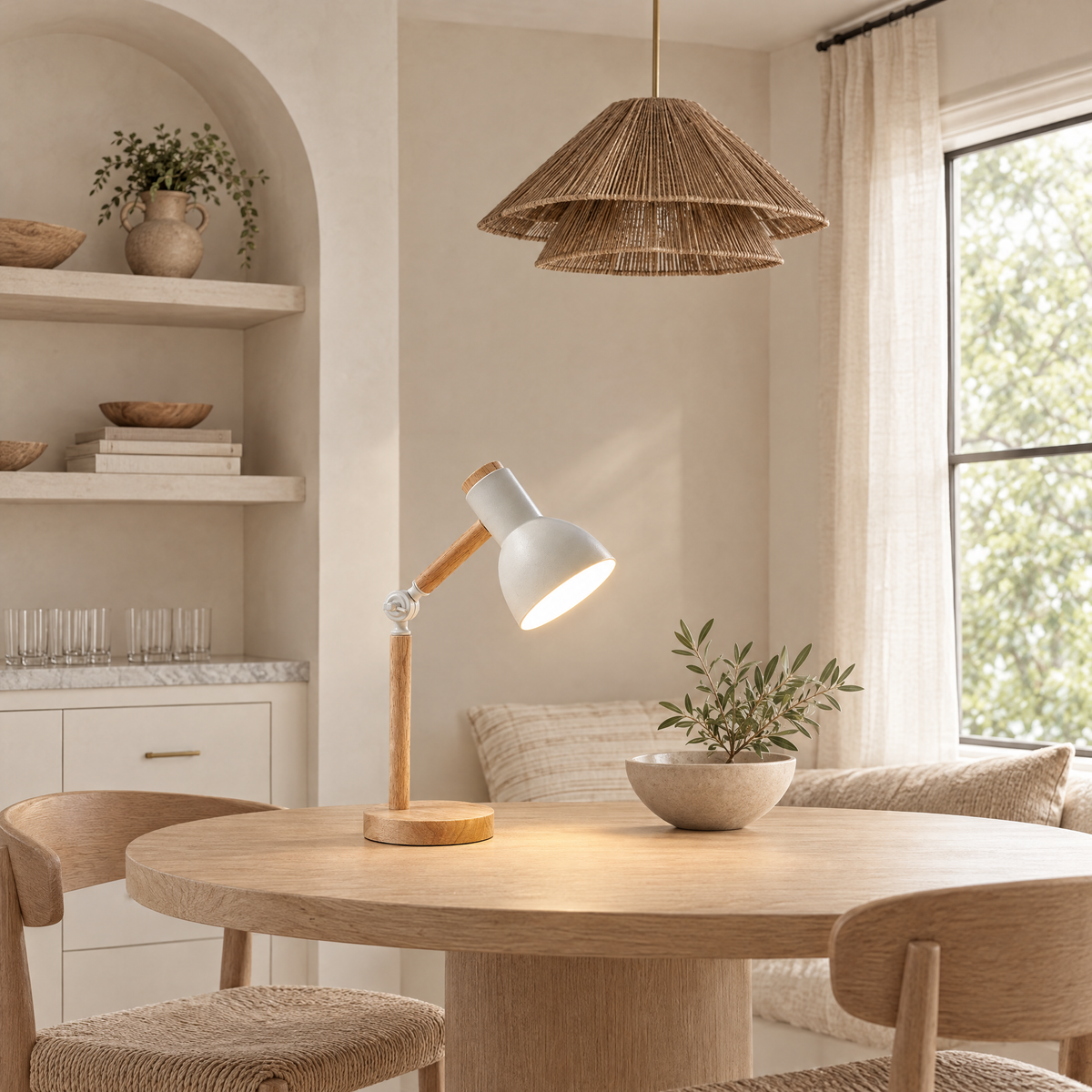 Faggio Wood and Metal Desk Lamp in a calm room setting