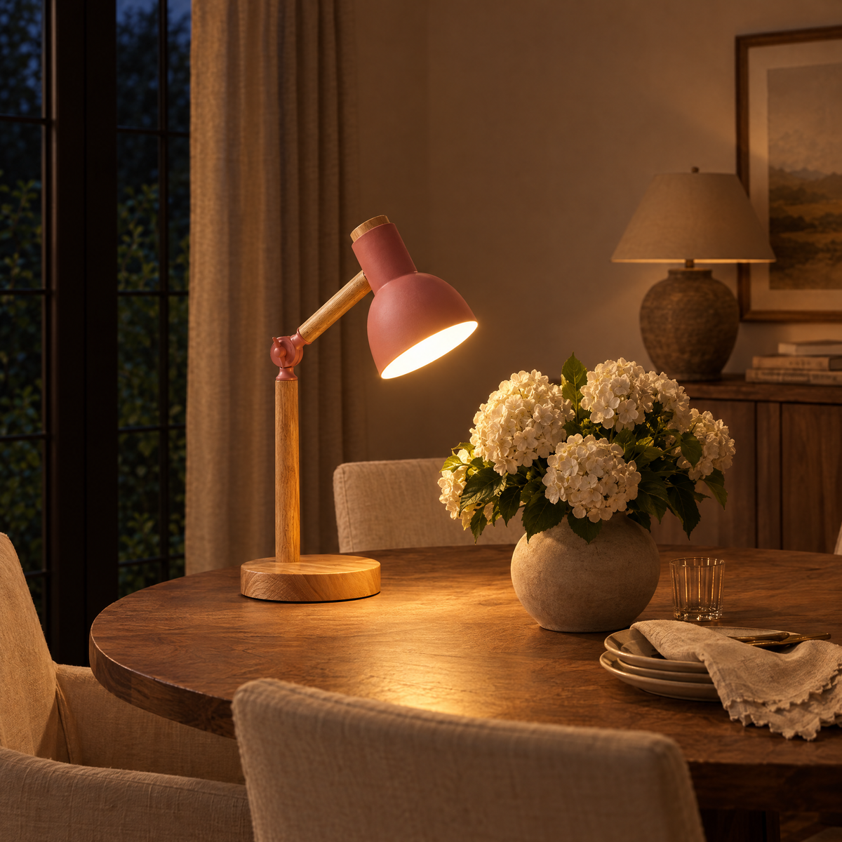 Faggio Wood and Metal Desk Lamp in a warm evening setting