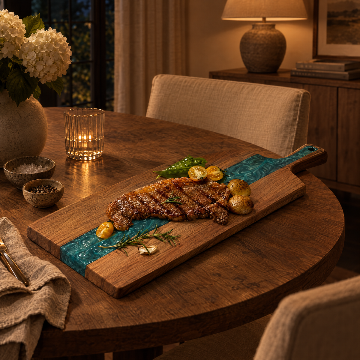 Fiume Resin and Acacia Board in a warm evening setting