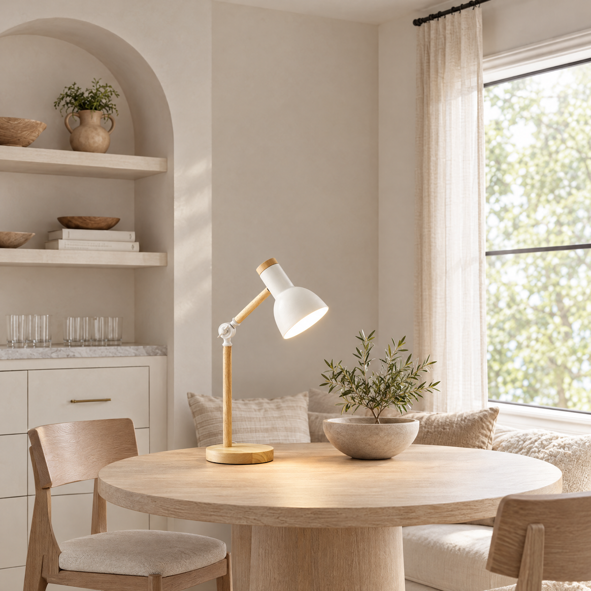 Ramo Wood and Metal LED Desk Lamp in a calm room setting