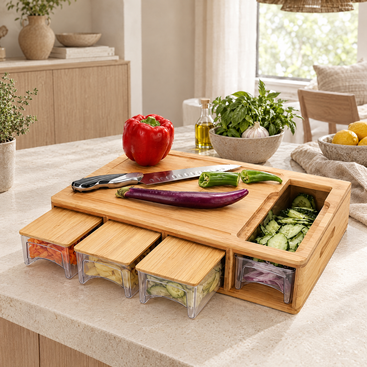 Tagliere Bamboo Prep Board with Trays shown from a three-quarter angle