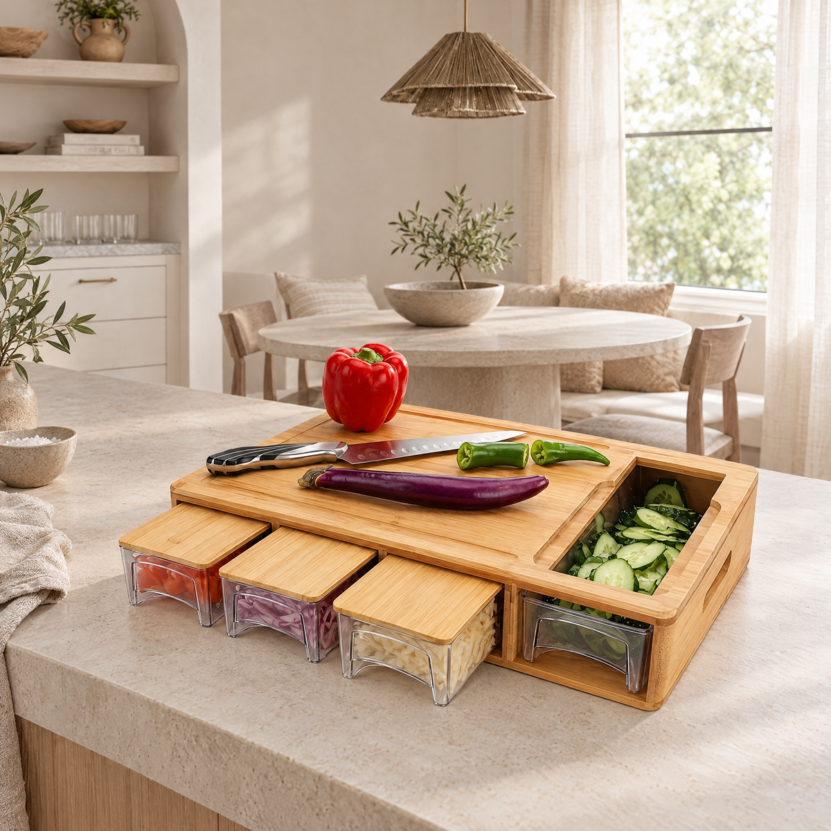 Tagliere Bamboo Prep Board with Trays in a calm room setting
