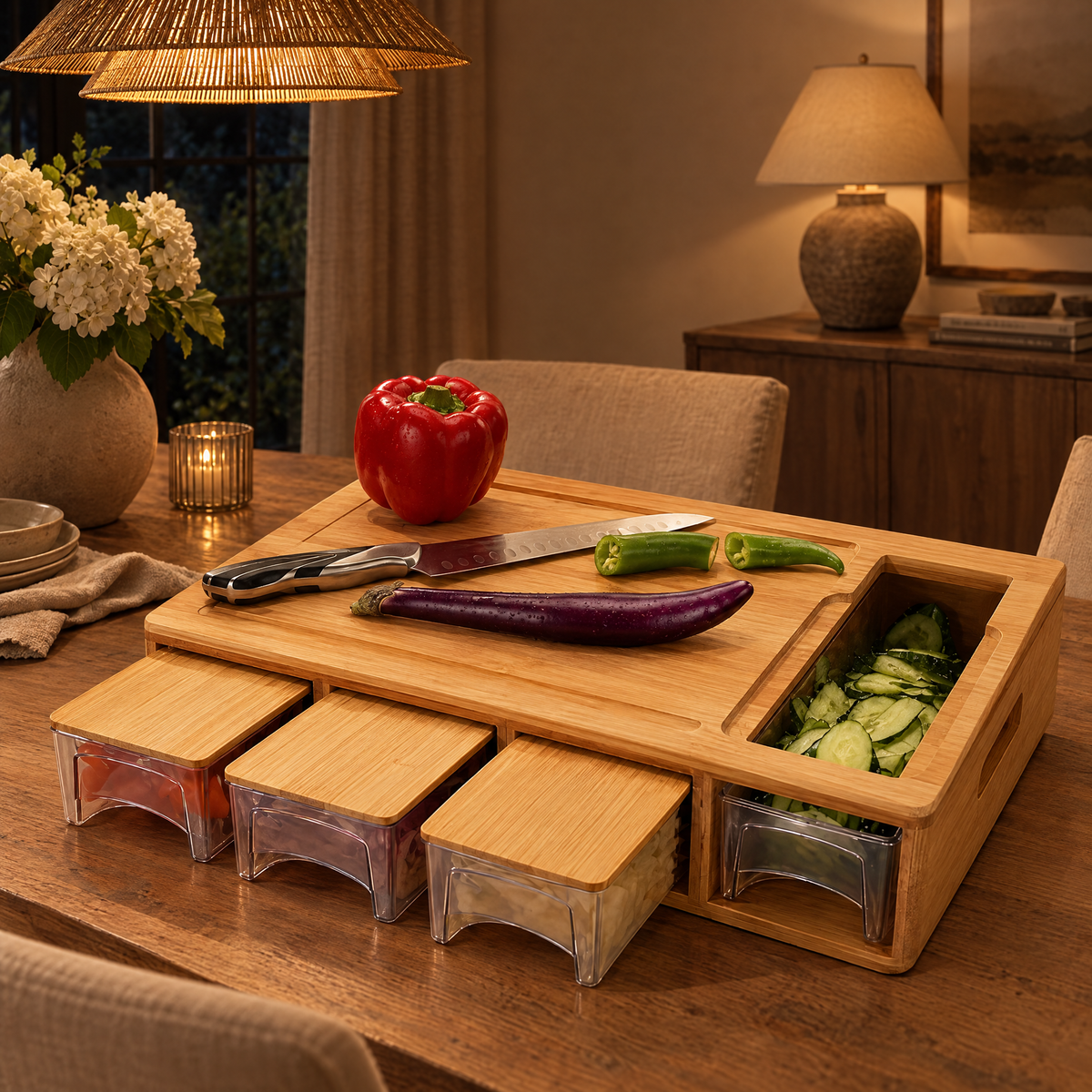 Tagliere Bamboo Prep Board with Trays in a warm evening setting