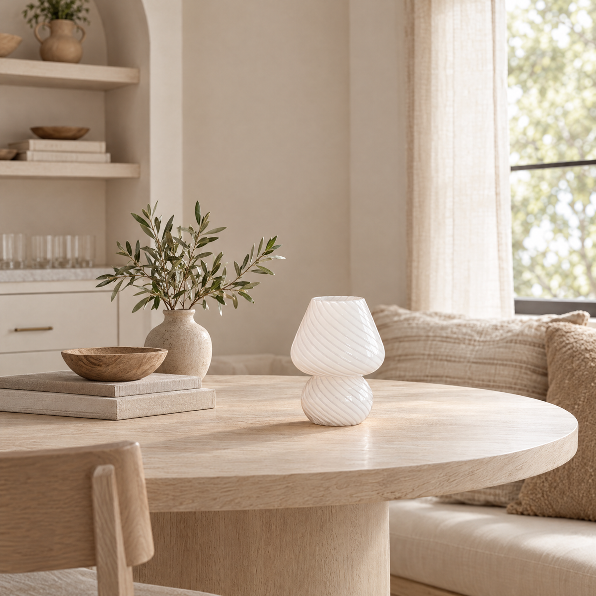 Vortice Swirled Glass Mushroom Lamp in a calm room setting