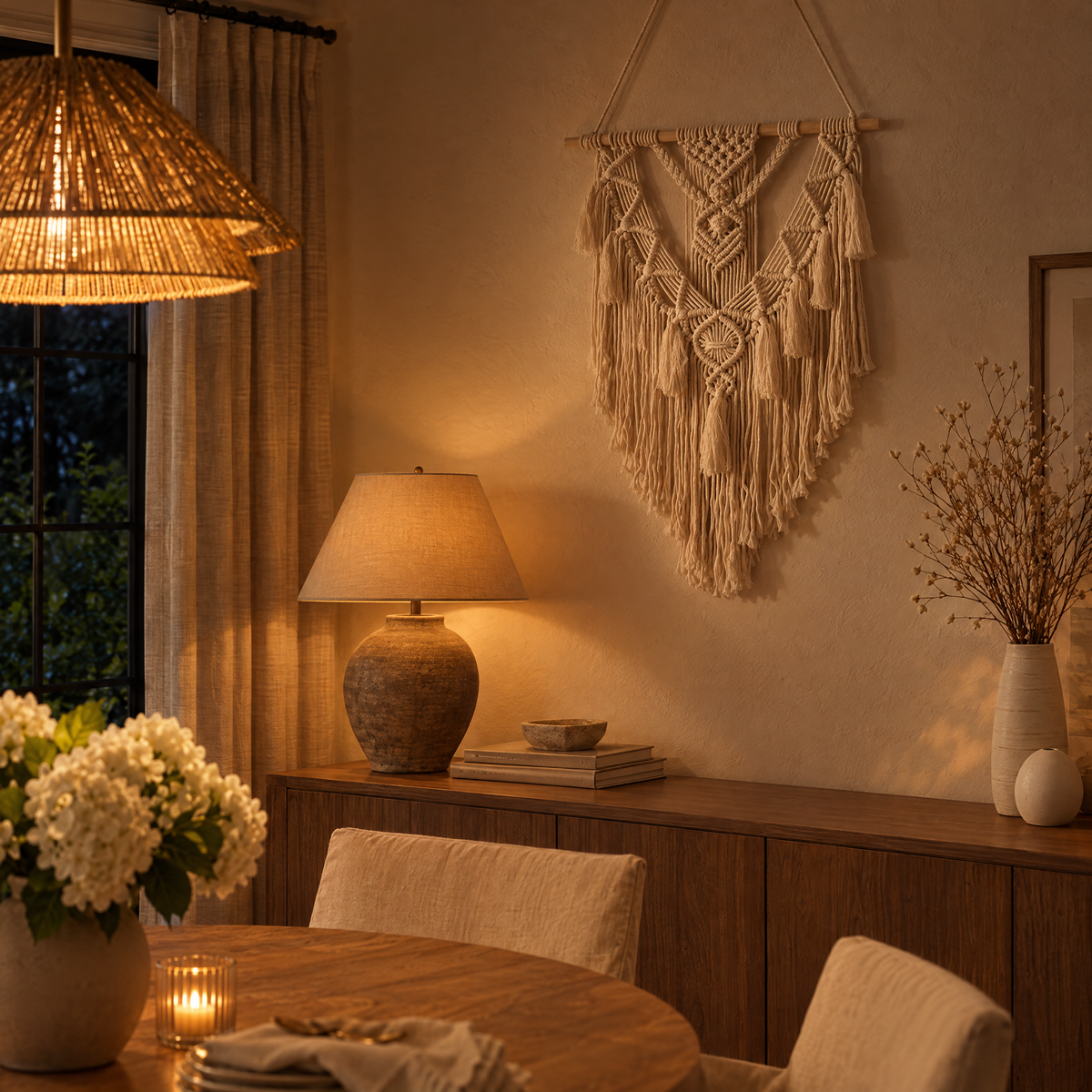 Nodo Macrame Wall Hanging in a warm evening setting
