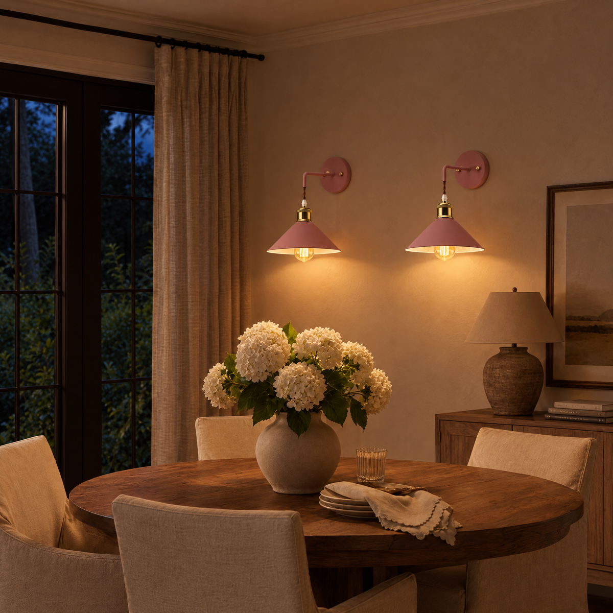 Faro Metal Wall Sconce, Set of 2 in a warm evening setting