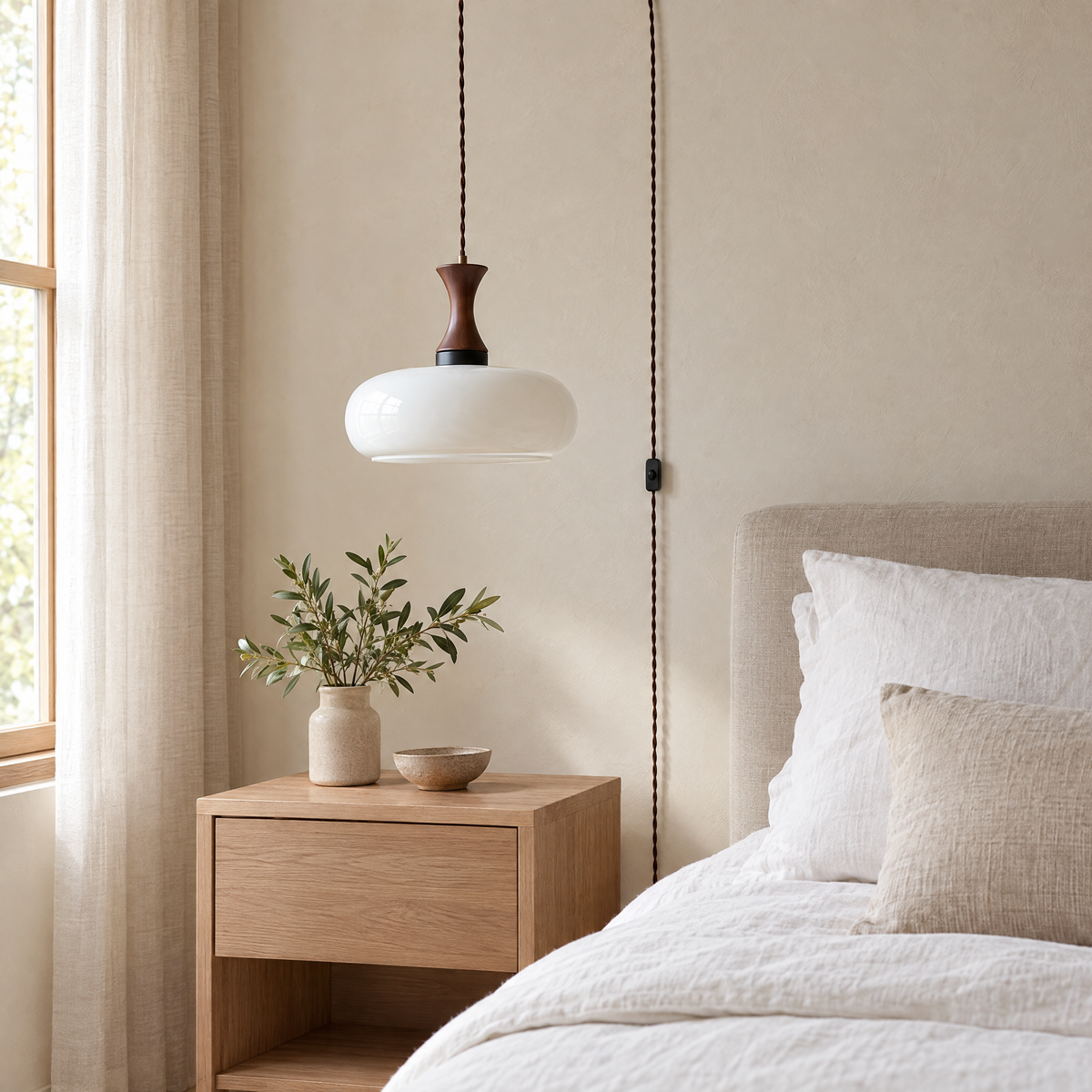 Ambra Plug-In Pendant Lamp in white glass hanging beside a bed