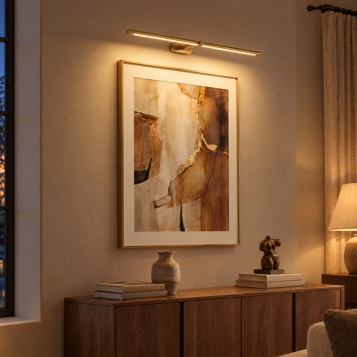 Quadro Cordless Linear Wall Light in gold lighting artwork in the evening