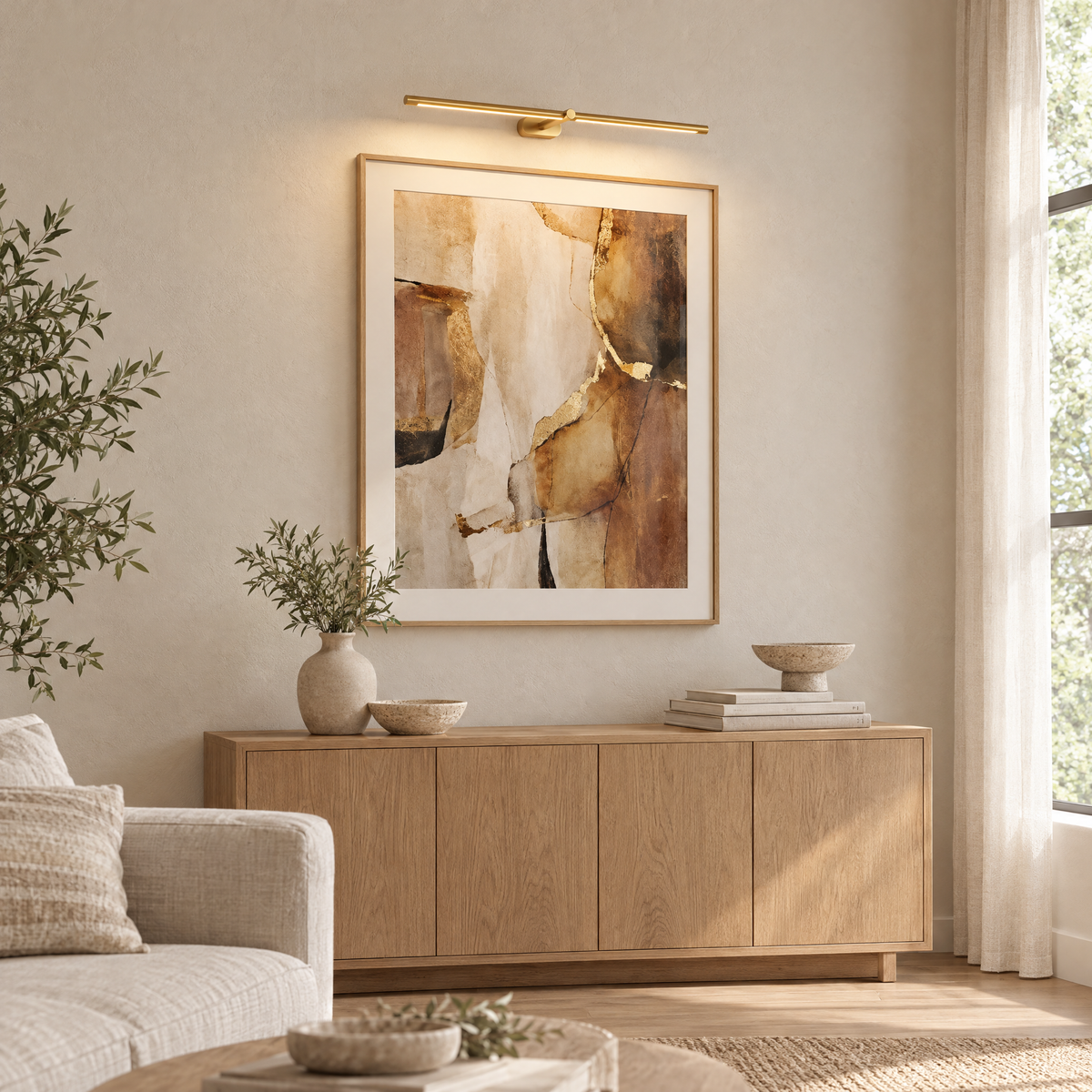 Quadro Cordless Linear Wall Light in gold above a framed print
