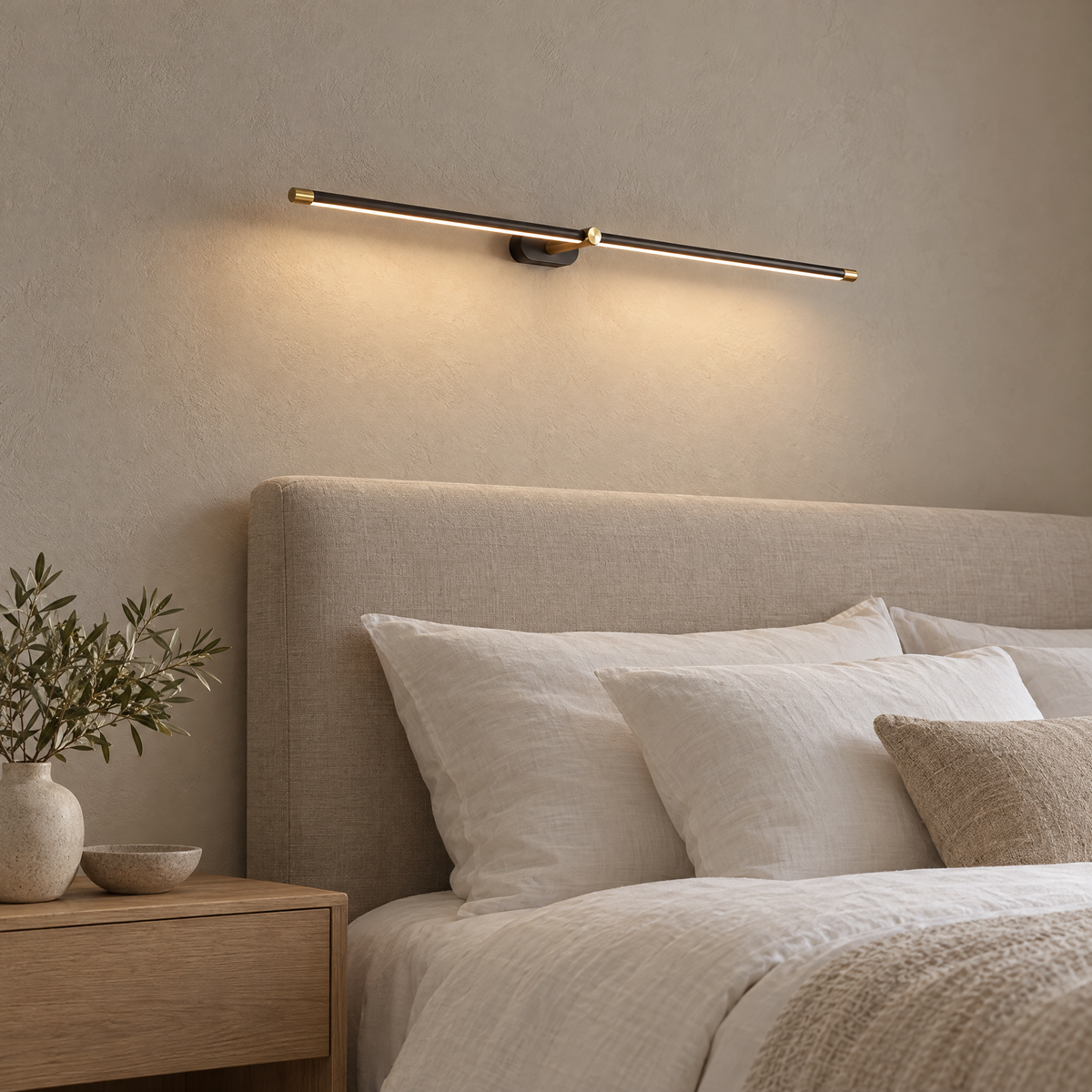 Quadro Cordless Linear Wall Light in black and gold above a headboard