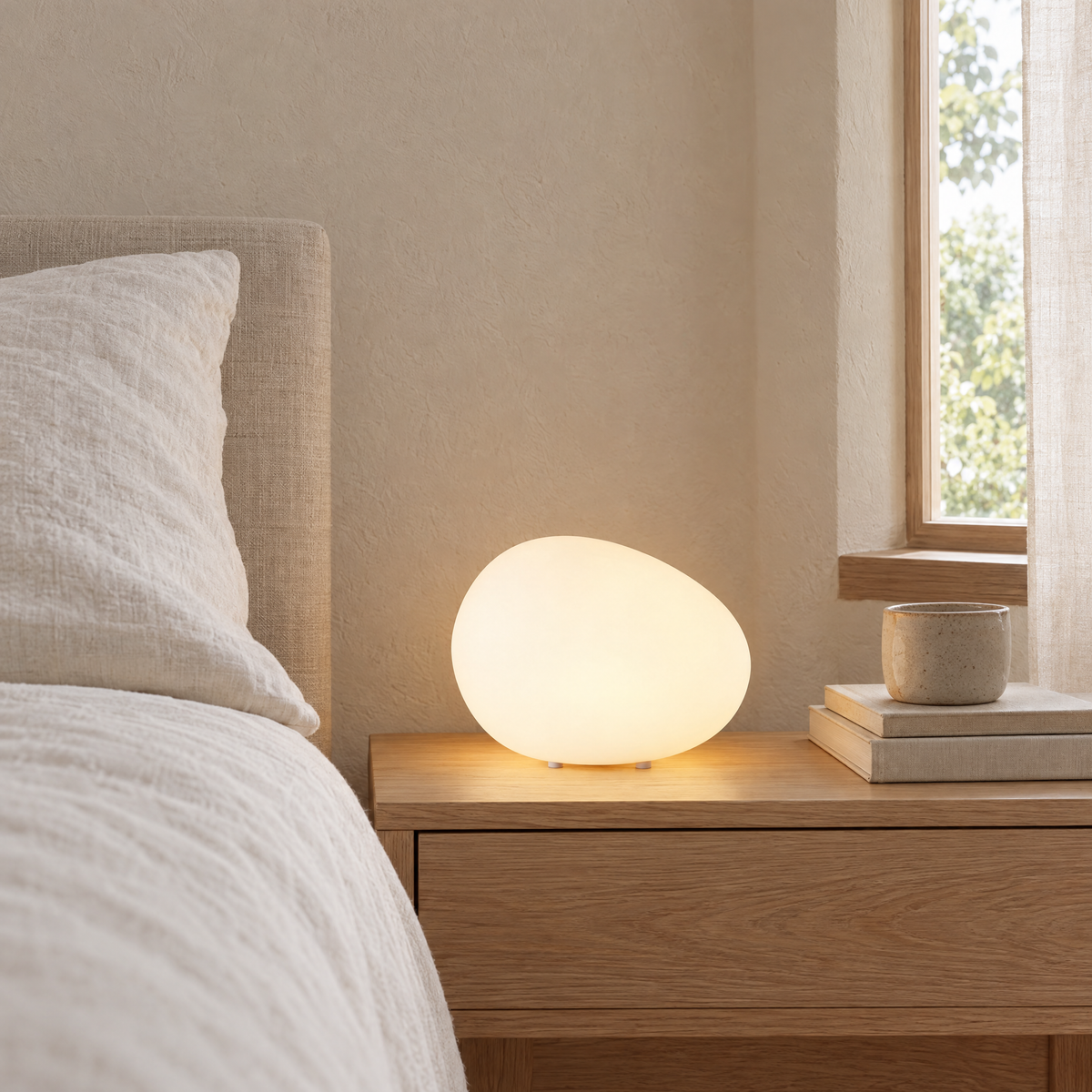 Ciottolo Pebble Bedside Lamp lit on an oak nightstand