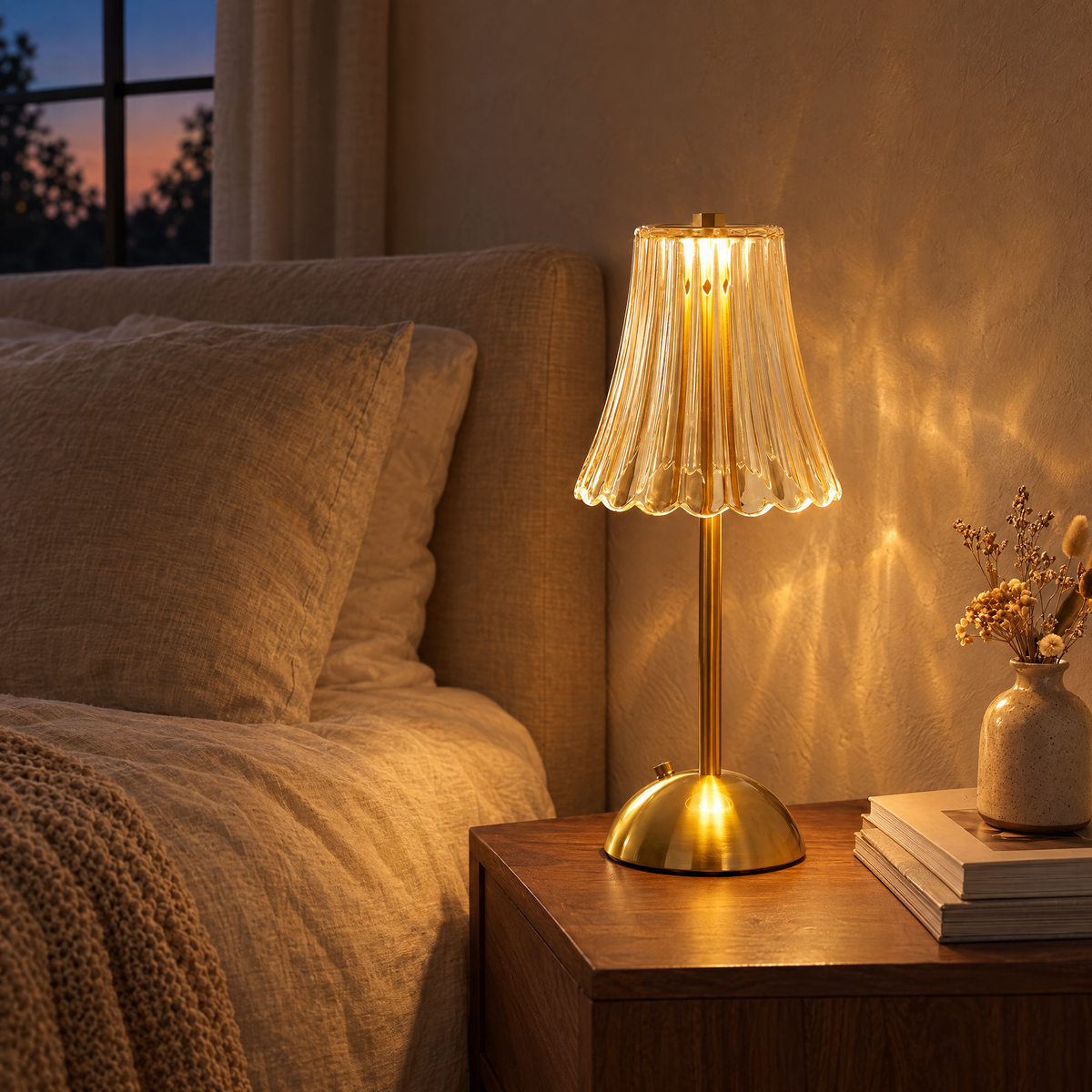 Cristallo Rechargeable Crystal Lamp, Halo shape, glowing on a nightstand