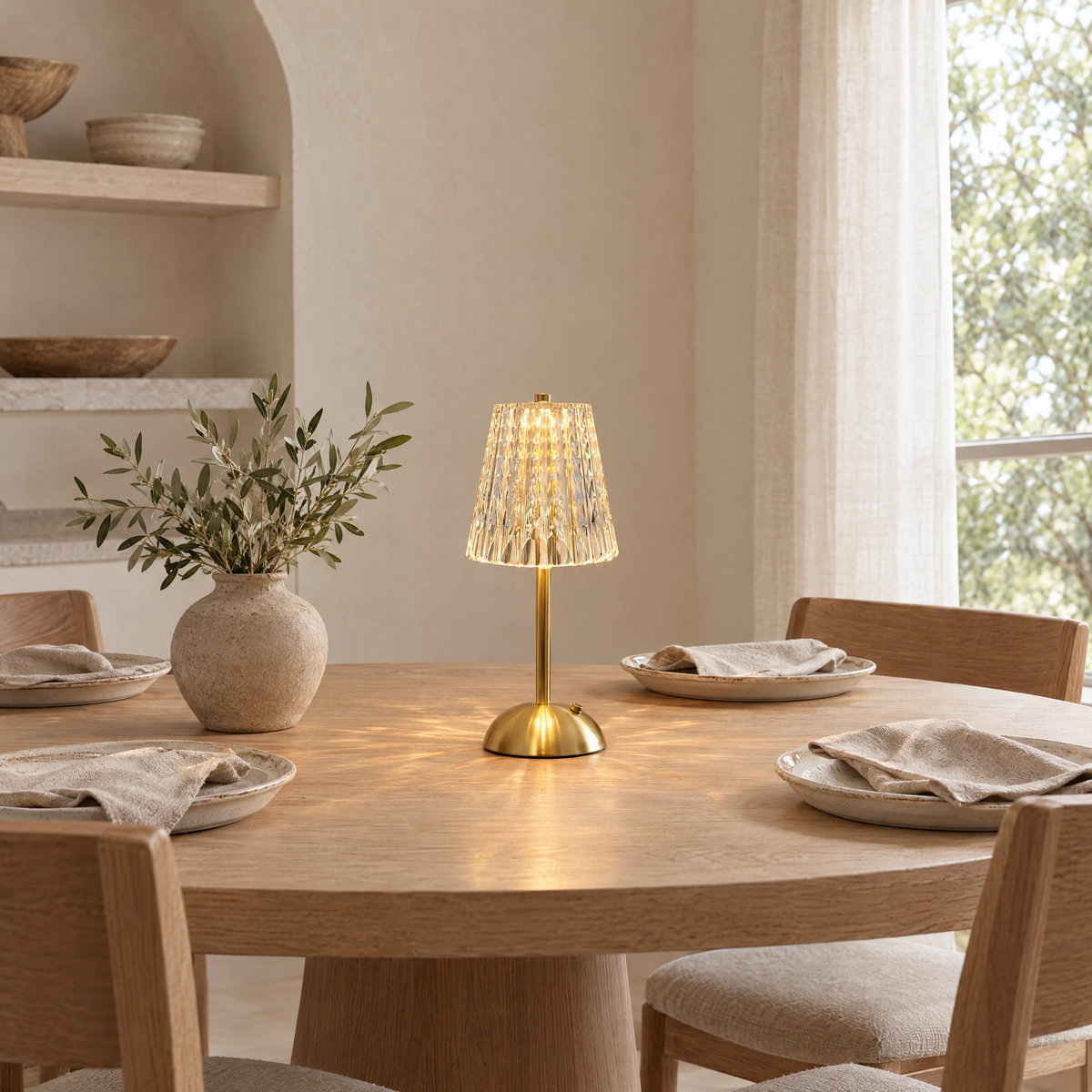 Cristallo Rechargeable Crystal Lamp, Bloom shape, on a dining table