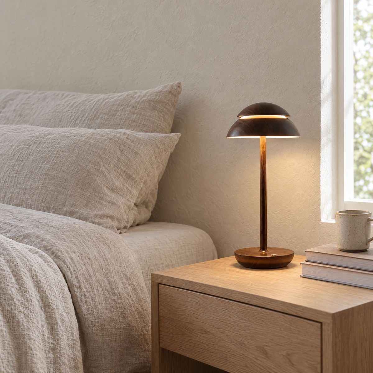 Cupola Rechargeable Table Lamp in walnut on a nightstand
