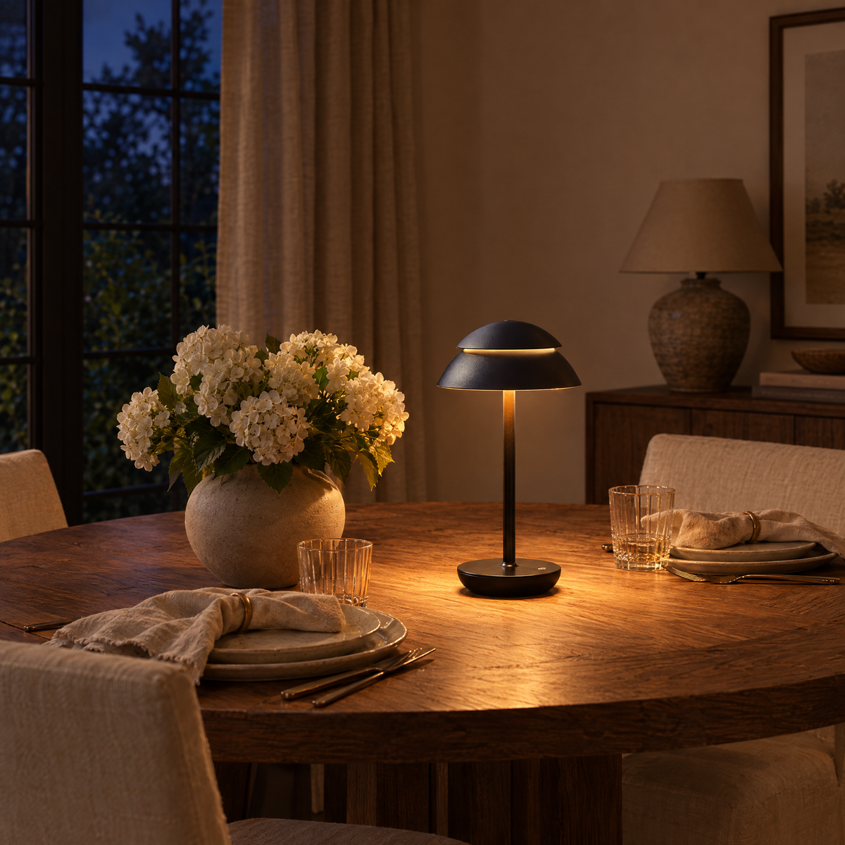 Cupola Rechargeable Table Lamp in black lighting a dinner table