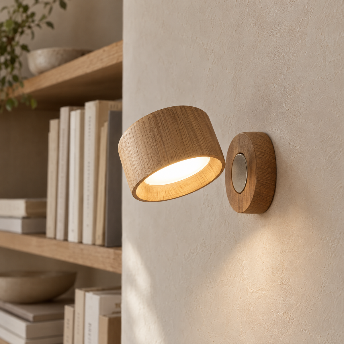 Giro Cordless Magnetic Wall Light in wood finish lifted off its mount