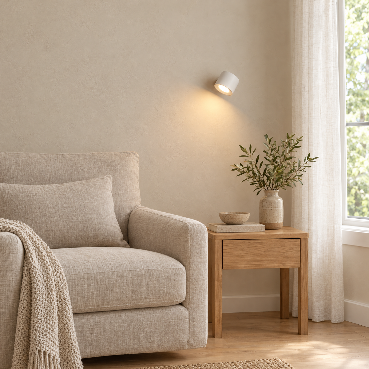 Giro Cordless Magnetic Wall Light in white beside an armchair