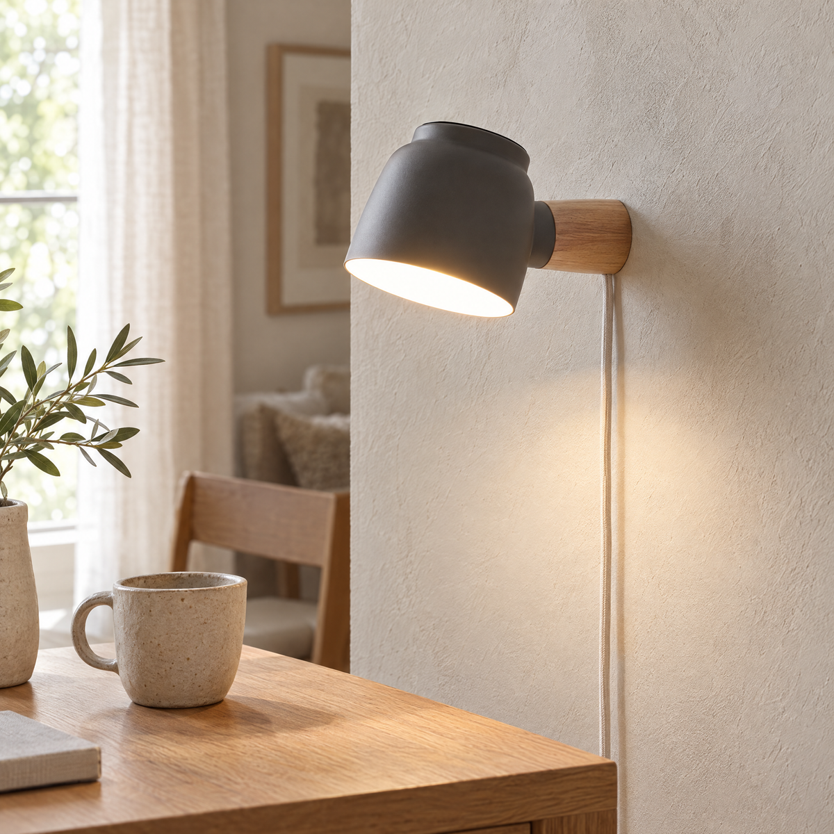 Lume Plug-In Wall Sconce in grey, close-up above a desk