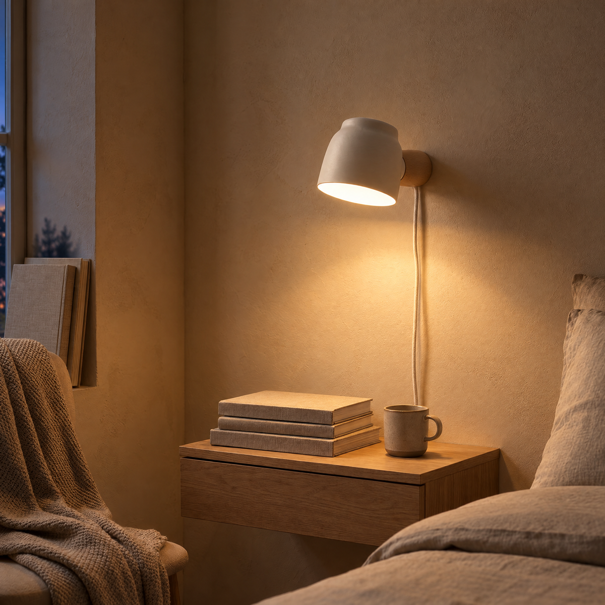 Lume Plug-In Wall Sconce in white glowing beside a bed in the evening