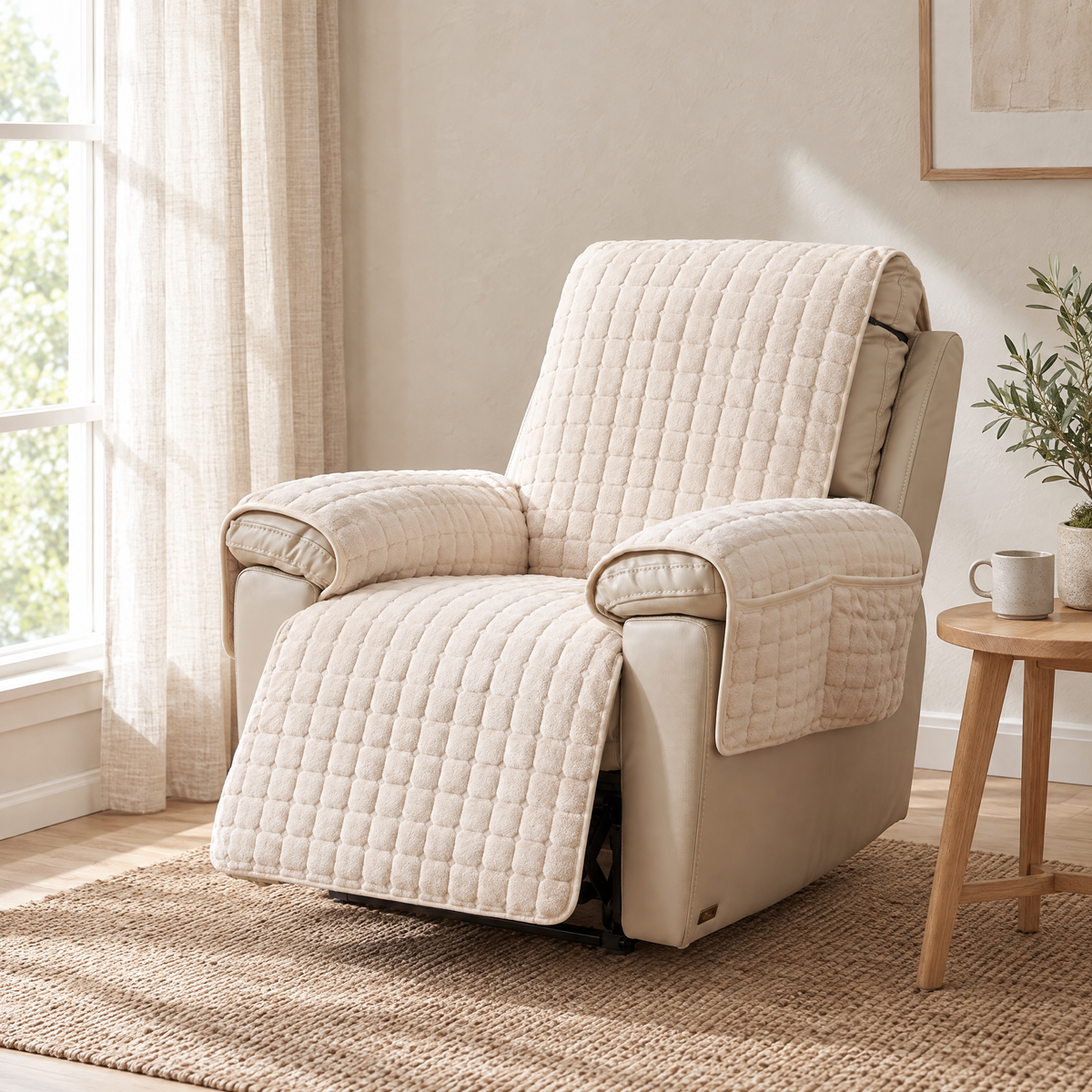 Riposo Quilted Recliner Cover in sand on a partly reclined chair