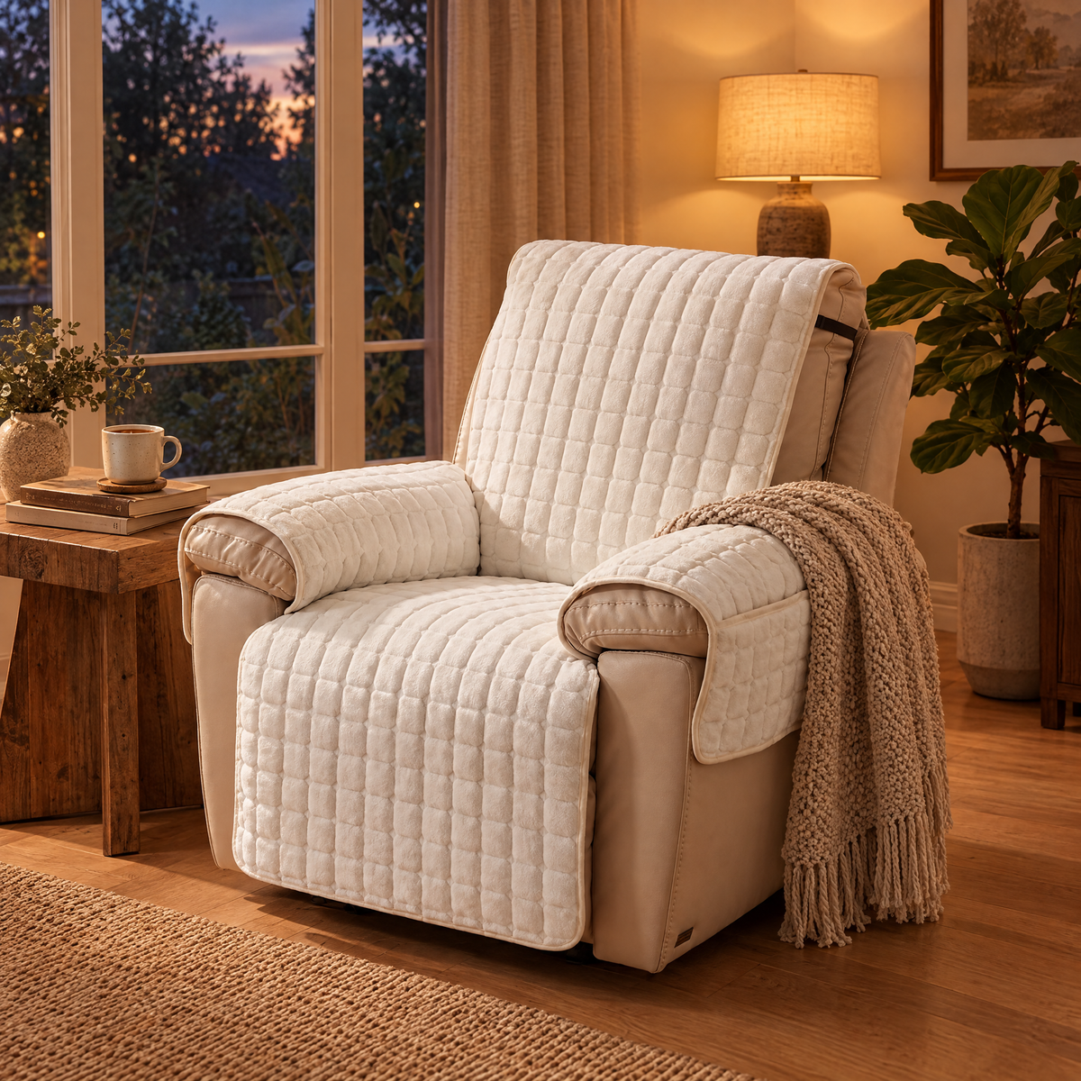 Riposo Quilted Recliner Cover in ivory in a lamp-lit living room
