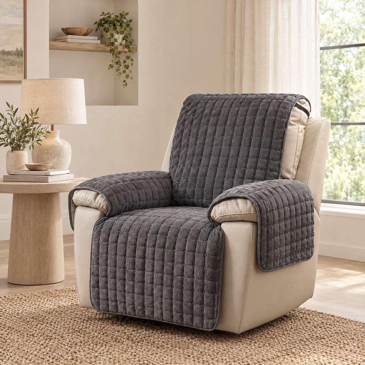 Riposo Quilted Recliner Cover in charcoal in a living room