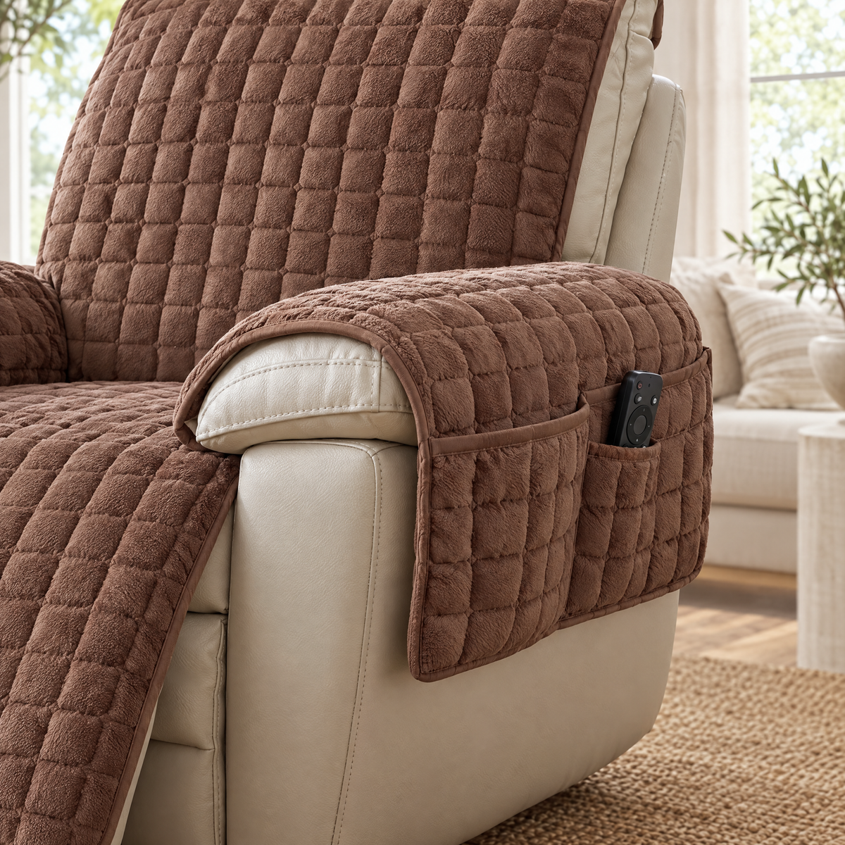 Riposo Quilted Recliner Cover in mocha, close-up of the quilting and pocket
