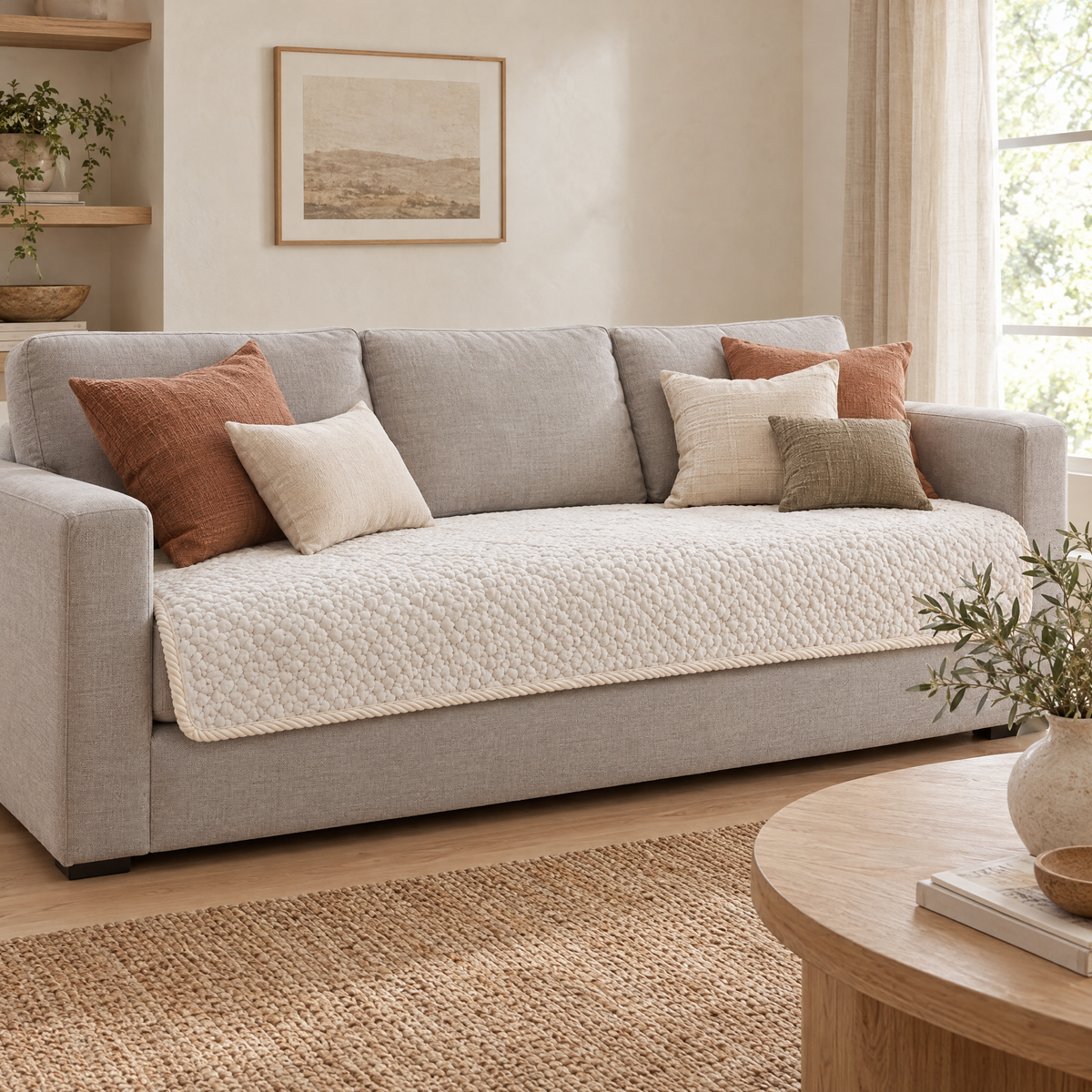 Trapunta Quilted Sofa Cover in ivory in a living room