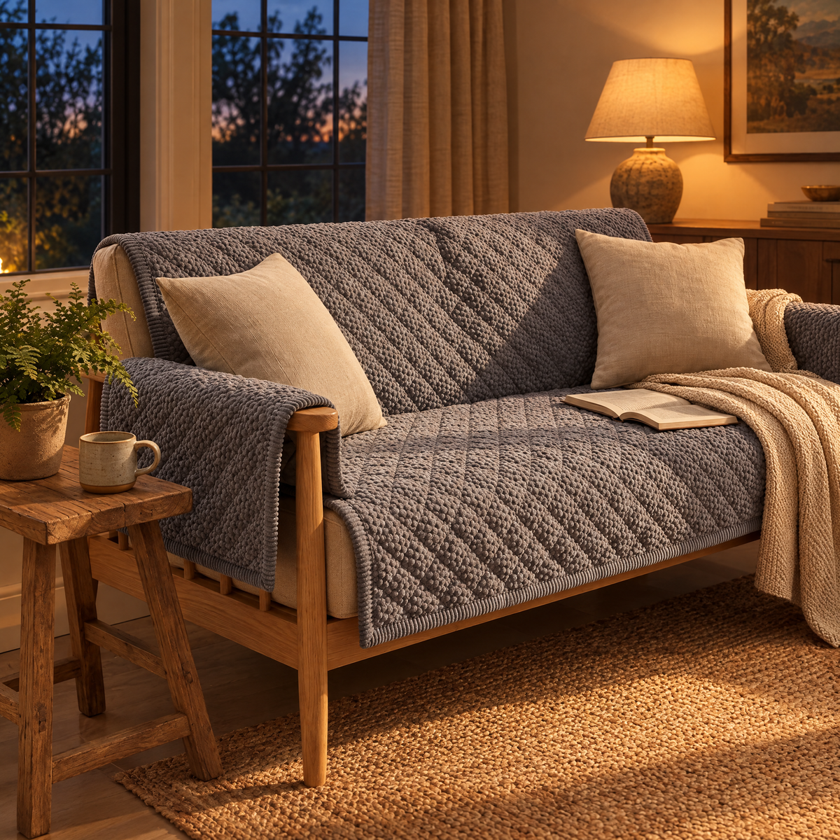 Trapunta Quilted Sofa Cover in dove grey in a lamp-lit living room
