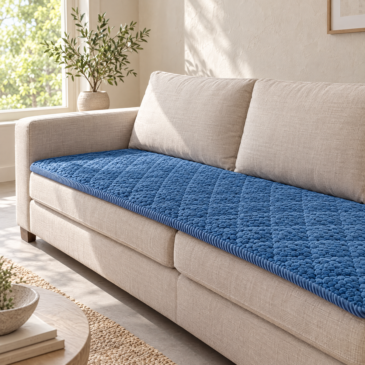 Trapunta Quilted Sofa Cover in navy along a sofa