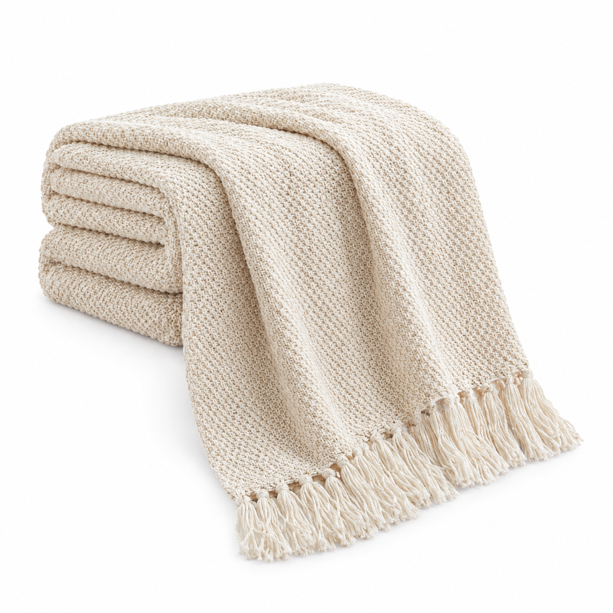 Maglia Knit Throw Blanket in beige, folded, on a white background