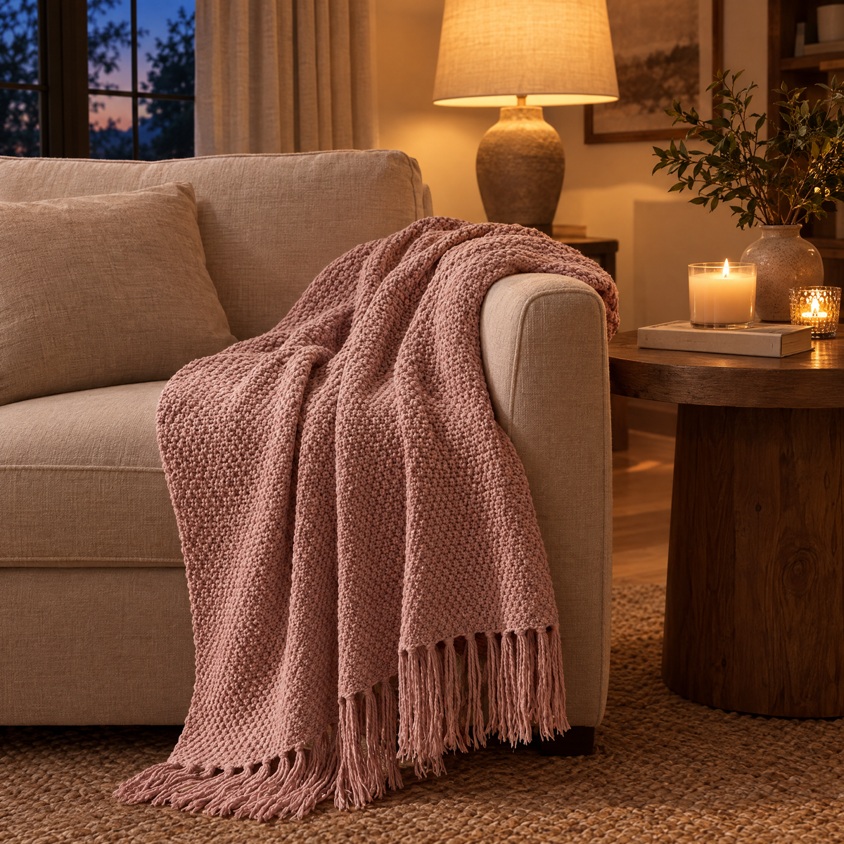 Maglia Knit Throw Blanket in dusty pink over an armchair in the evening