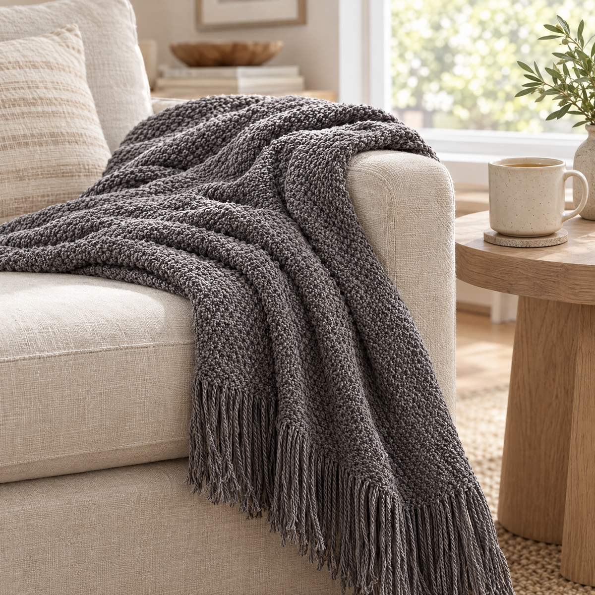 Maglia Knit Throw Blanket in charcoal, close-up of the stitch