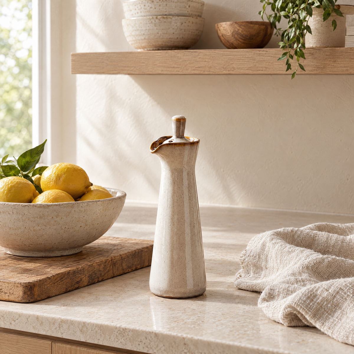 Ampolla Ceramic Oil Dispenser in white on a kitchen counter