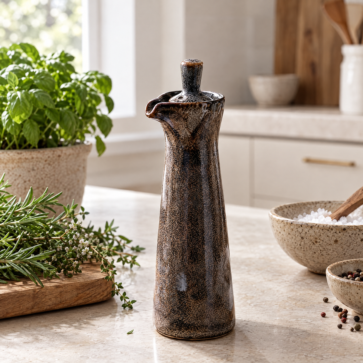 Ampolla Ceramic Oil Dispenser in brown, close-up of the glaze